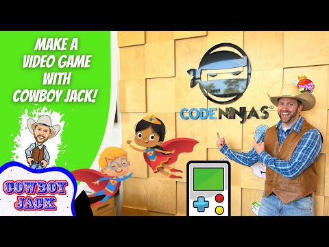 Promo image showing Cowboy Jack at Code Ninjas with cartoon superhero characters and a handheld game icon.