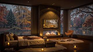 Rainy Autumn Bedroom 🍂🌧️ Smooth Jazz & Cozy Fireplace for Deep Sleep, Relaxation & Stress Relief