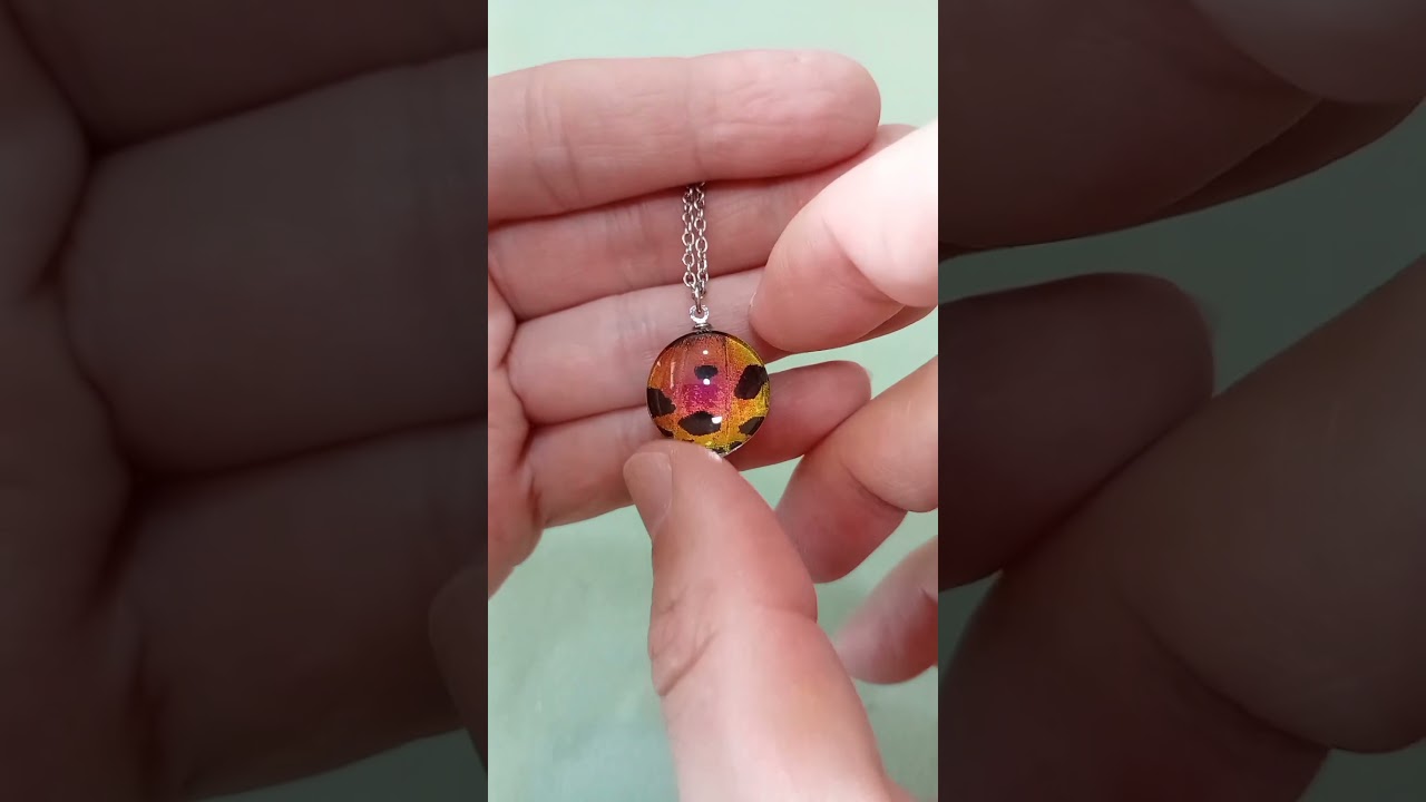 Collana da 18mm con vera falena Urania ripheus sotto vetro con riflesso metallico arcobaleno