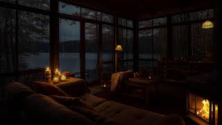 Autumn Forest Rain Outside a Cozy Cabin with Fireplace for Deep Relaxation