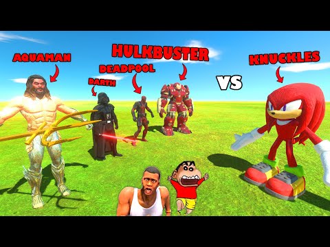 KNUCKLES vs AQUAMAN, DARTH, DEADPOOL and HULKBUSTER in Animal Revolt Battle Simulator | SHINCHAN