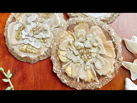 White Gold 3D Flower Resin Tray and Clock