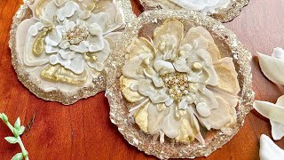 Stunning White and Gold 3D Flower Resin Coasters