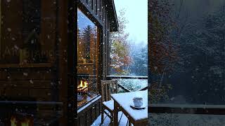 Cozy Snowy Cabin Balcony with Coffee & Fireplace Ambience
