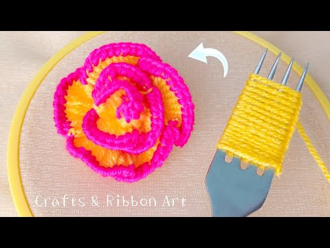 Amazing Woolen Rose Making Ideas with Fork - Hand Emroidery Flower Design - DIY Woolen Flowers