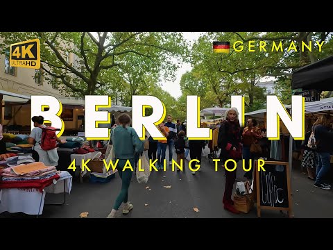 Walking Tour Berlin 4K Spaziergang über den Wochenendmarkt am Kollwitzplatz in Prenzlauer Berg