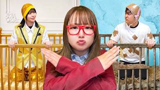 【寸劇】お金持ち赤ちゃん vs そうではない赤ちゃん！？リッチな赤ちゃんのミルクはキラキラで最高級！お友達と仲良くなって幼稚園の先生にイタズラしちゃえ！金色vsダンボールみんなはどっちが好き？