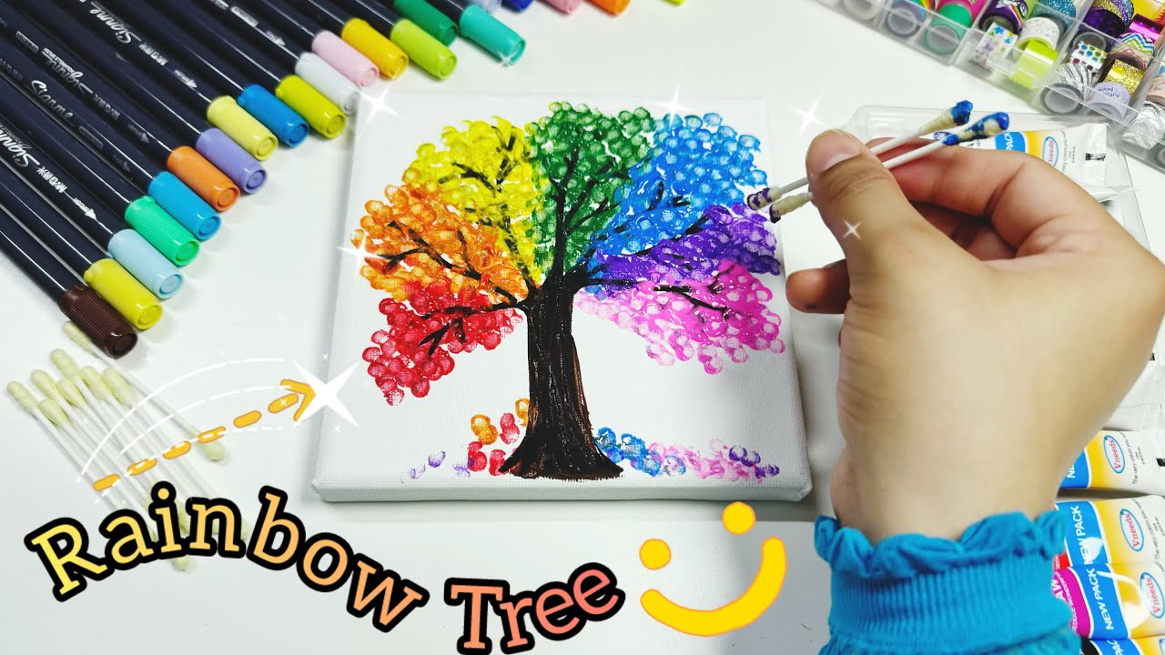 Rainbow Tree/Easy Painting For Kids/Acrylic Painting For Kids/Colorful Tree Painting for Beginners