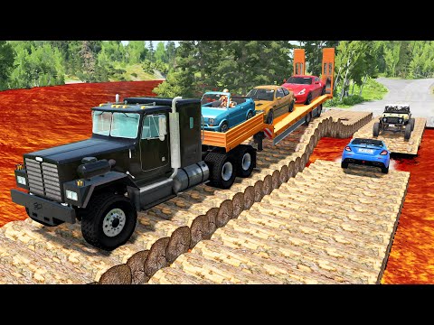 Cars vs 2 Log Bridges and Giant Lava - BeamNG.Drive
