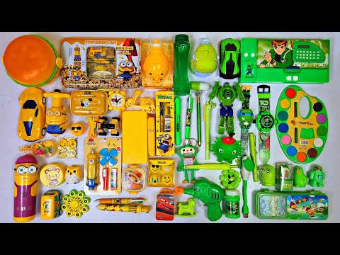 green vs yellow toy collection - pencil sharpner, slime, electric eraser, gel pen, rc car, watch etc