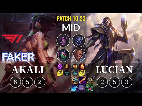 T1 Faker Akali vs Lucian Mid - KR Patch 10.23