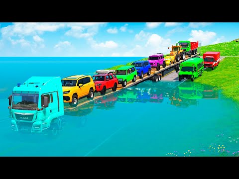 TRANSPORTING PIXAR CARS & FRUITS WITH COLORED & JOHN DEERE vs CLAAS vs TRACTORS - BeamNG.drive #983