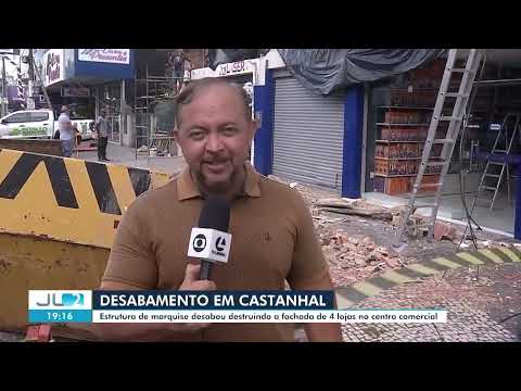 Estrutura de marquise desaba e destrói fachada de quatro lojas no comércio de Castanhal