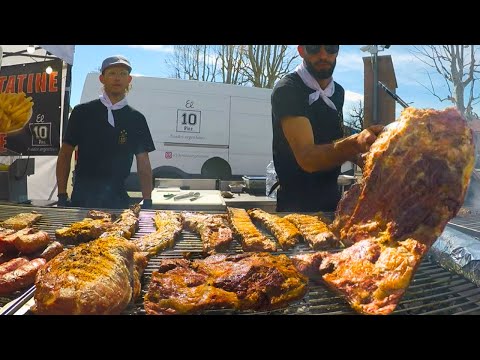 Street Food from Argentina. Best Grill of Chorizos, Beef Belly, Asado & Ribs