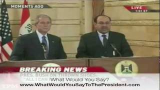 President George Bush dodges a reporters who threw is shoes at him while visiting Iraq 12 - 14 -08