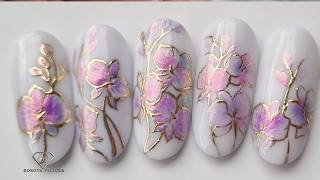 Paint beautiful orchid flowers nail art with me. Chrome pigment flowers and gold transfer foil nails