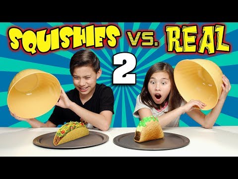 SQUISHY FOOD VS. REAL FOOD CHALLENGE 2!!!  More JUMBO SQUISHIES!