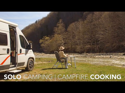 [3] SOLO Van CAMPING by the River | Campfire cooking | Nature sounds | ASMR