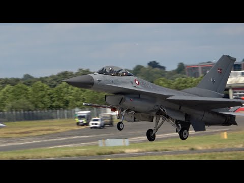 FARNBOROUGH AIRSHOW 2024.  Fast Military Jet displays.  F15; F16 and F35.  Runway views. 22 July 24.