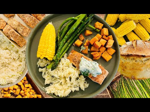 Pan-Seared Salmon, Roasted Sweet Potatoes, Asparagus, Herb Rice, and Sourdough Bread