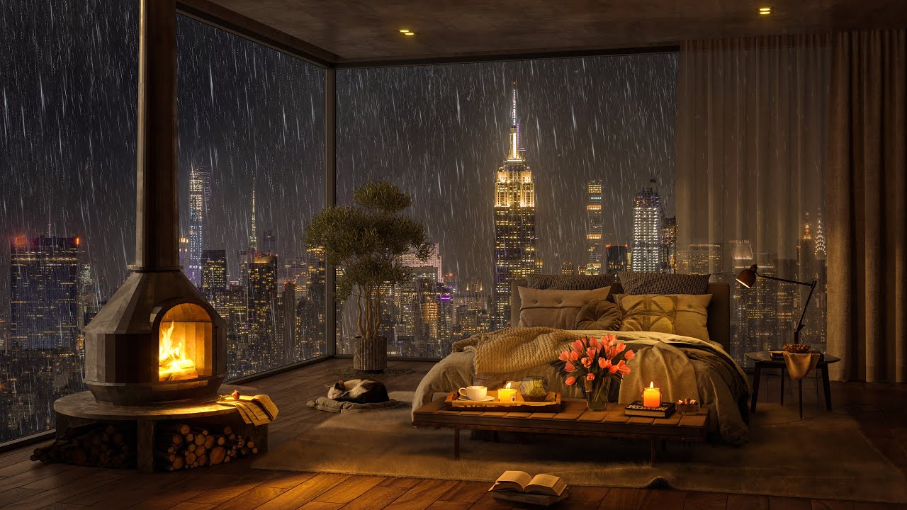 Warm And Cozy Rain at New York City in Night Ambience 🌧️ Relaxing Piano Jazz Music for Deep Sleep