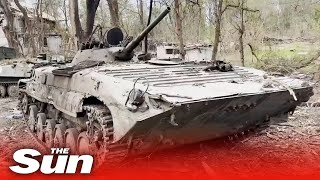 Ukraine ground forces inspect column of Russian tanks destroyed near Siversky River
