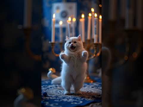 A white cat dancing under glowing Hanukkah candles