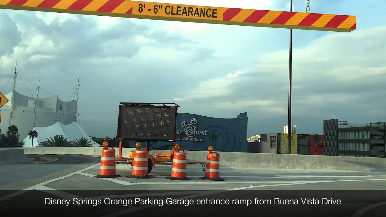 Disney Springs Orange Parking garage entrance flyover