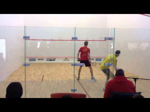 A rally from squash final PSA Courtwall Romanian Squash Open 2013: Jan Koukal vs Chis Ryder
