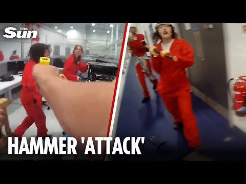 Horrifying moment cop 'STRUCK WITH SLEDGEHAMMER' by disguised protesters who broke into defence site