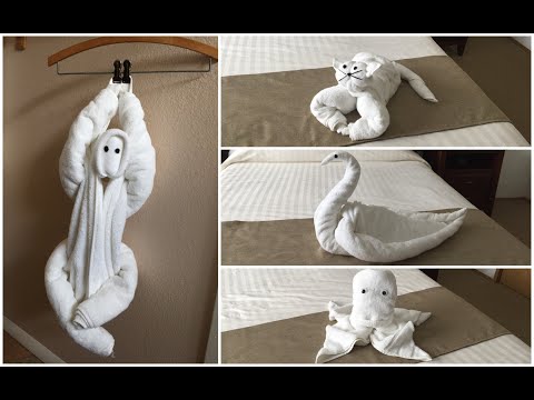4 Ideas Towel Folding Animals Tutorial-a Cat, a Swan, an Octopus, and Monkey. (毛巾折叠)