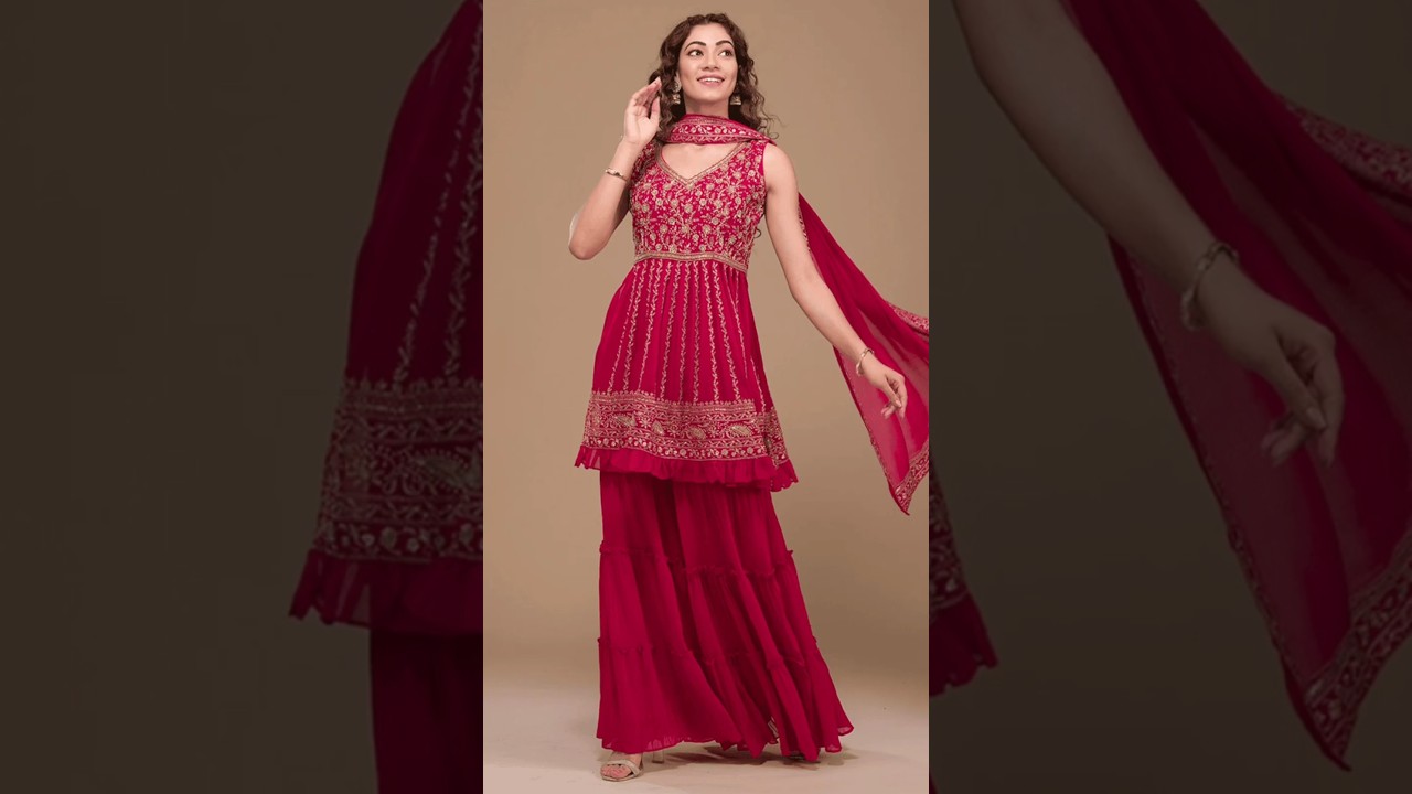 🏮Link in Channel Bio🏮Pink Zari Sequin Embroidered Georgette Sharara set