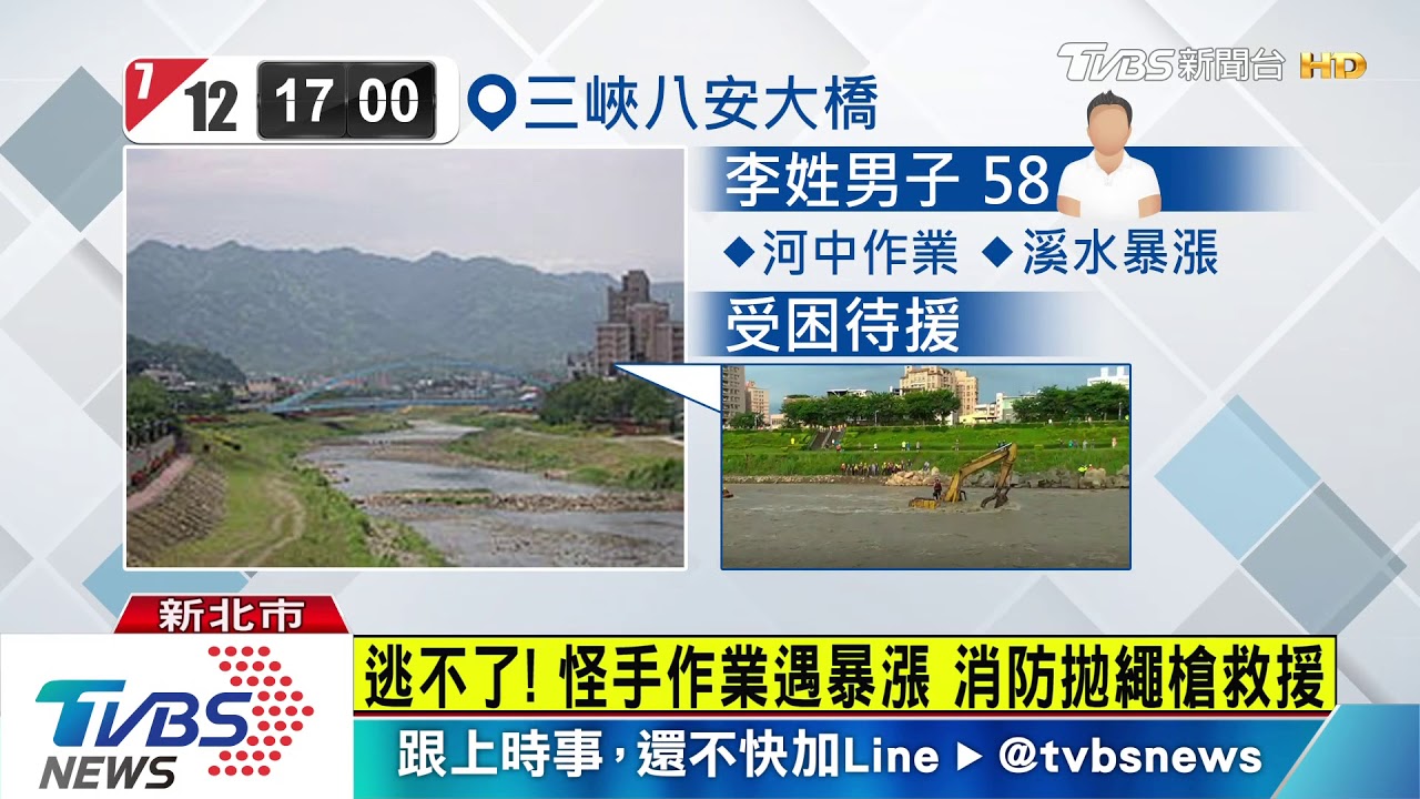 驚險! 三峽河突暴漲 怪手司機受困河床