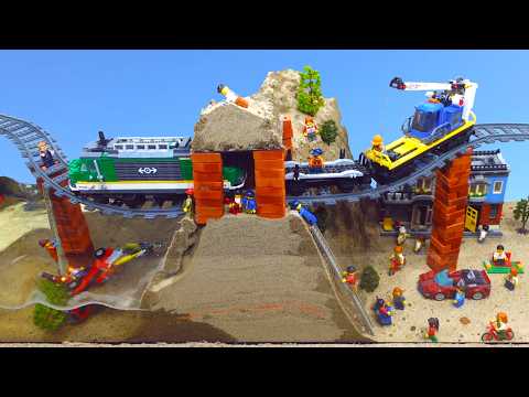 Train Crashes from Mini Brick Bridge - LEGO Dam Breach Experiment - LEGO City Train Disaster