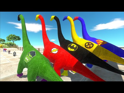 Team Brachiosaurus Superman, Batman, Flash Champions Speed Race - Animal Revolt Battle Simulator