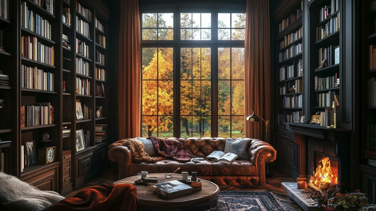🔥 Relaxing Jazz & Fireplace | 2h Peaceful Music for Perfect Fall Evening Ambience | Cozy Library
