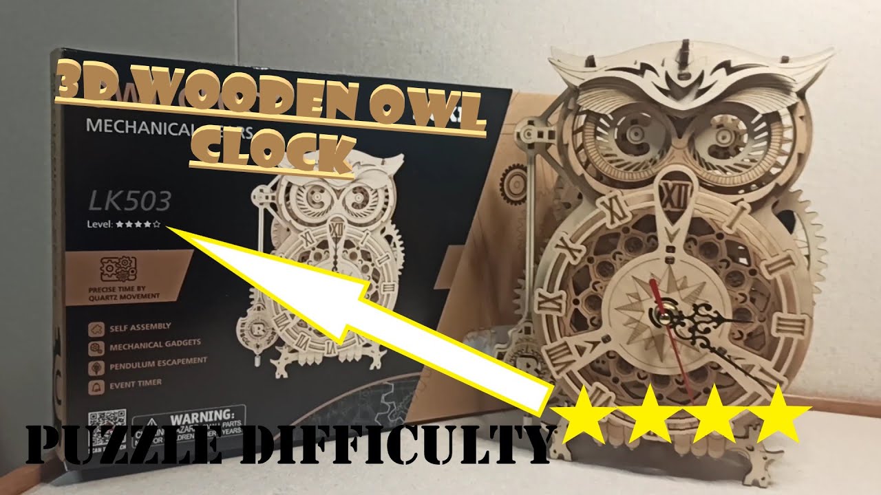 3D Wooden Puzzle for Adults to Build: MECHANICAL GEARS, OWL CLOCK #LASERCUT #TIMELAPSE #puzzle