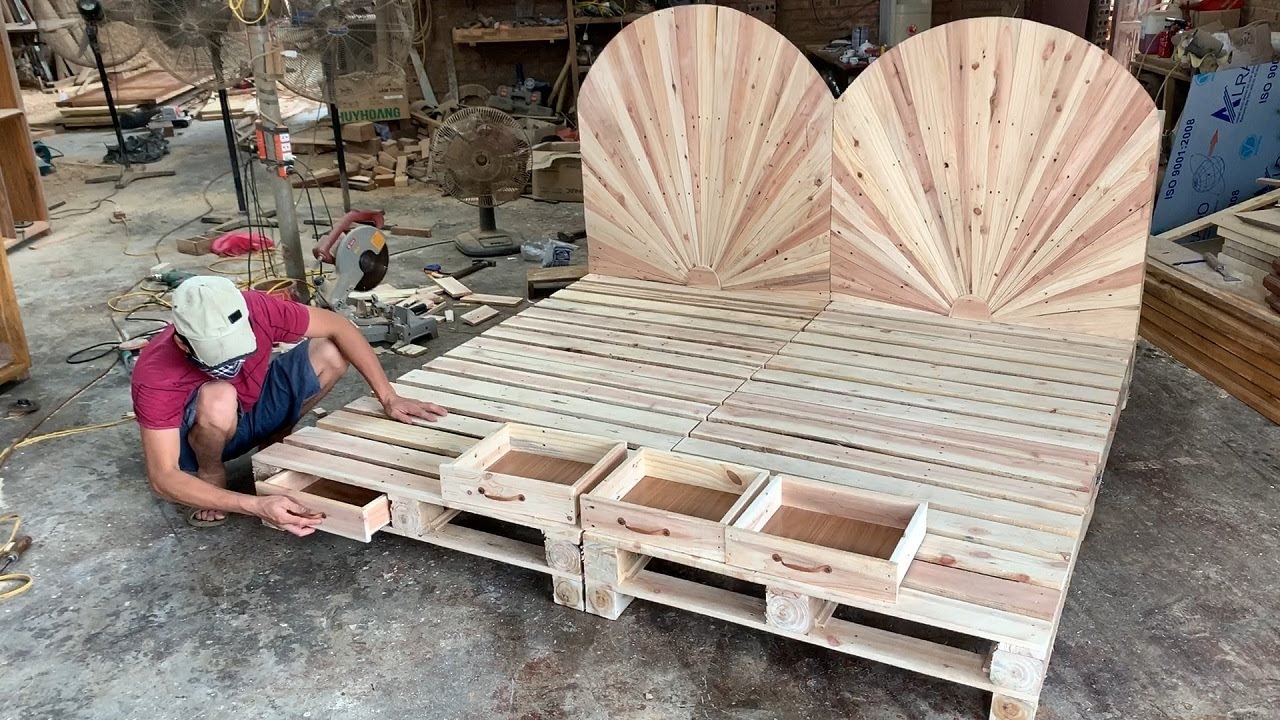 Watch video DIY - Amazing How To build A King Size pallet Bed Extremely Simple and Beautiful // Woodworking Now DIY - Amazing How To build A King Size pallet Bed Extremely Simple and Beautiful // Woodworking