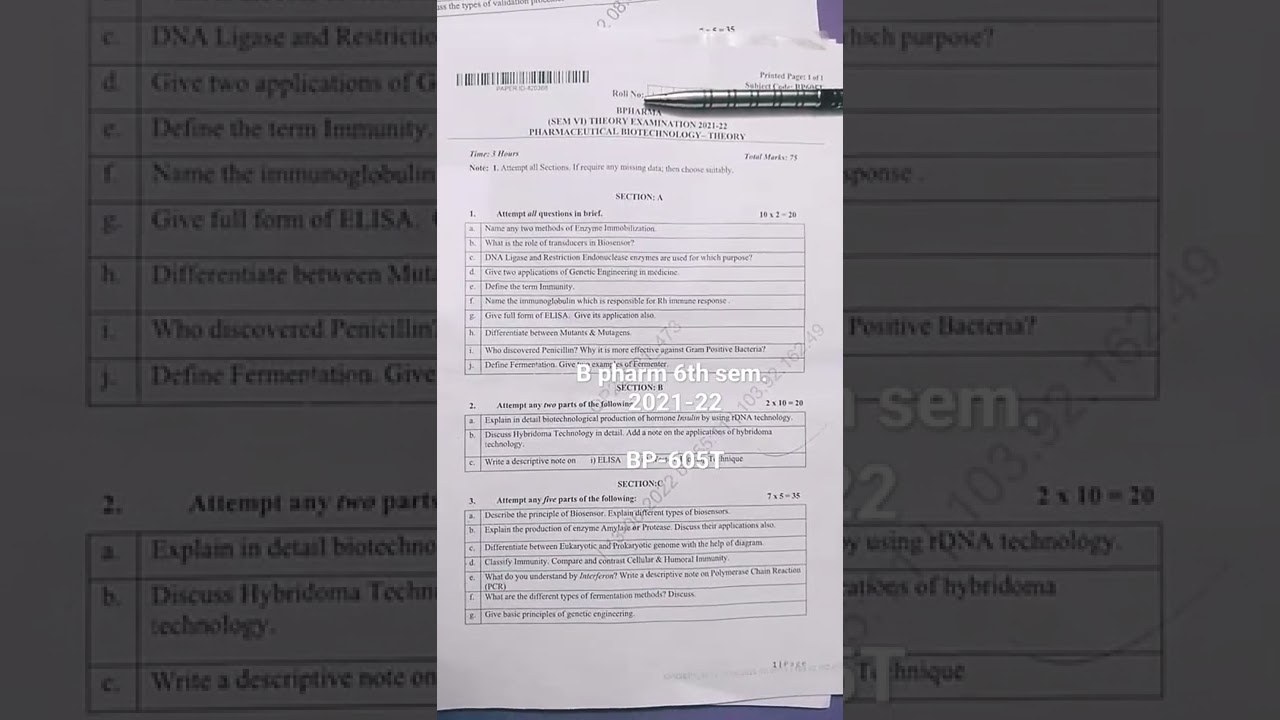 AKTU previous yr question paper of B pharm ( 6th sem) 2021-22 of Pharmaceutical Biotechnology( 605T)