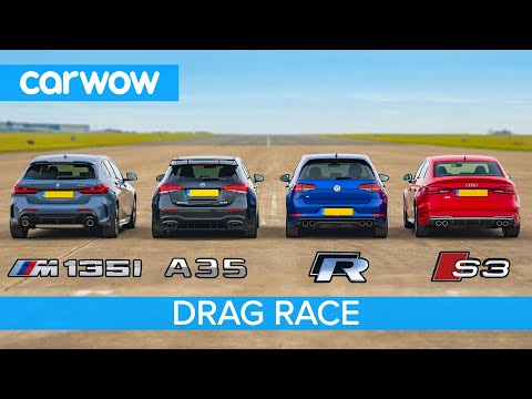 New BMW M135i v AMG A35 v Audi S3 v VW Golf R - DRAG RACE, ROLLING RACE & BRAKE TEST!