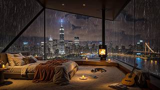 Rainy Penthouse Bedroom Jazz 🌧️🔥 Cozy Fireplace Ambience for Deep Sleep & Relaxation