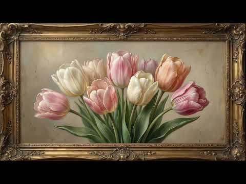 Pastel Tulips Bouquet Oil Painting | Gold Framed 4K Art Screensaver | Spring Floral TV Wallpaper