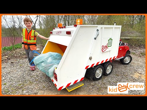 Trash route with kids rear load garbage truck and trash truck toys. Educational | Kid Crew
