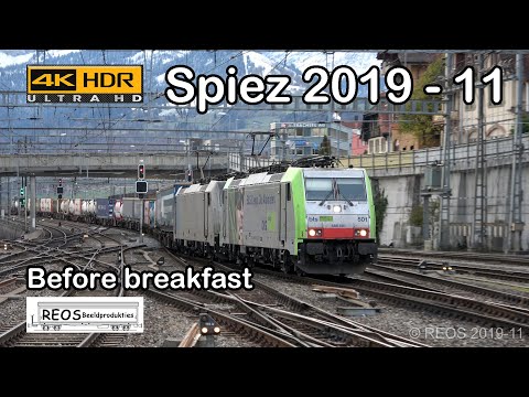 2019-11-14 [4K] Bahnhof Spiez before breakfast 2 - mix of BLS & SBB passenger & freight at dawn