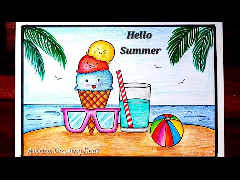 Summer Season Drawing Easy | How to Draw Summer Season | Sea Beach Scenery | Types of Season Drawing