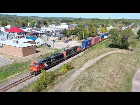 Awesome Aerial 4K View! Freight Train CN 594 West w/Intermodal Containers passing Petitcodiac, NB