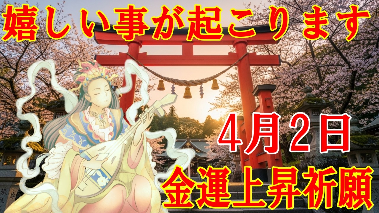 【1分で金運アップ】今絶対見て下さい。嬉しい事が起こります！弁財天様お守り下さい。　幸運を呼ぶ周波数　願いが叶うエネルギー【4月2日(木)・金運上昇祈願】