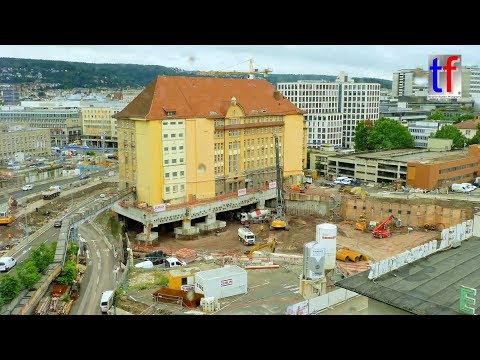 Stuttgart 21: Lifting / Anheben von 15000 t - Bundesbahndirektion im Schwebezustand, 27.07.2017.