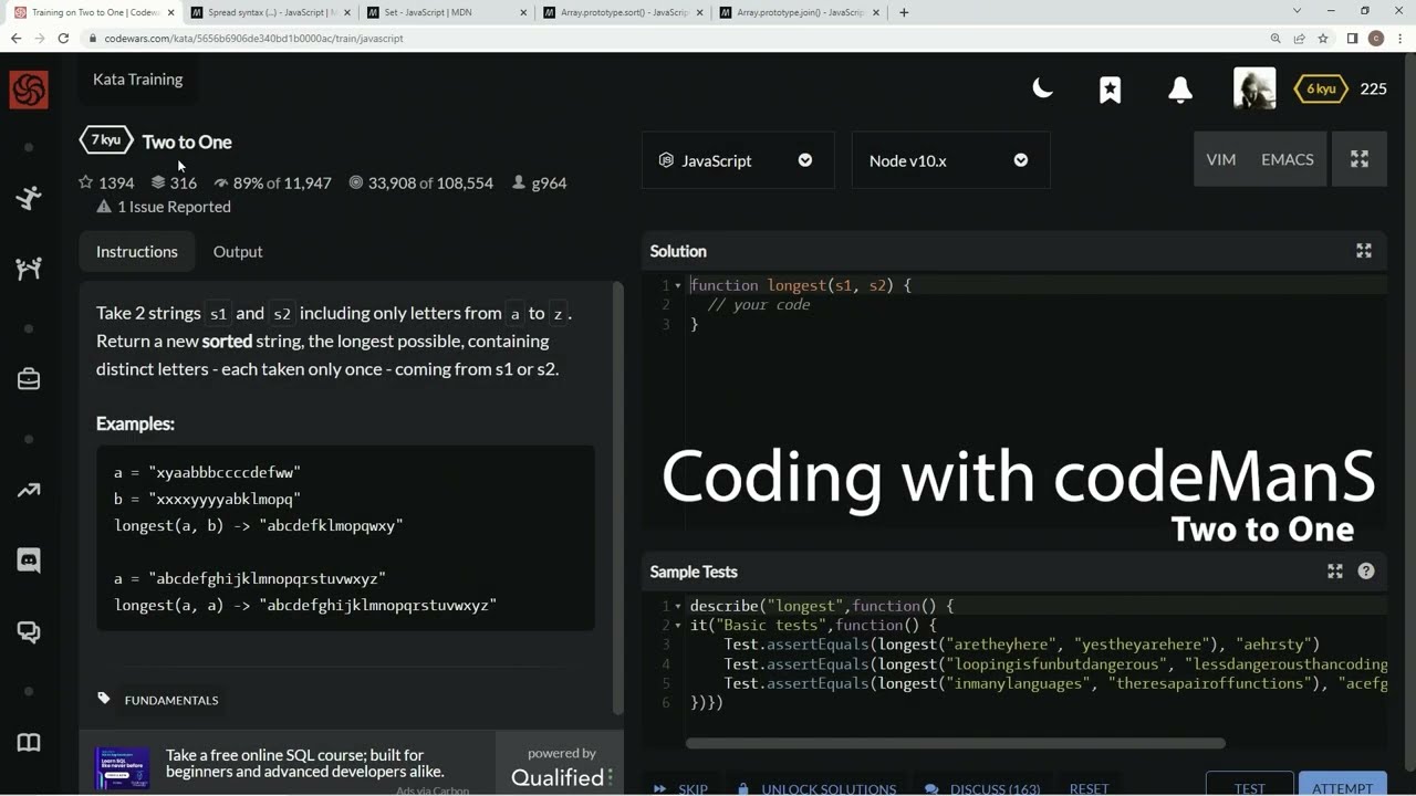 Codewars 7 kyu Two to One JavaScript