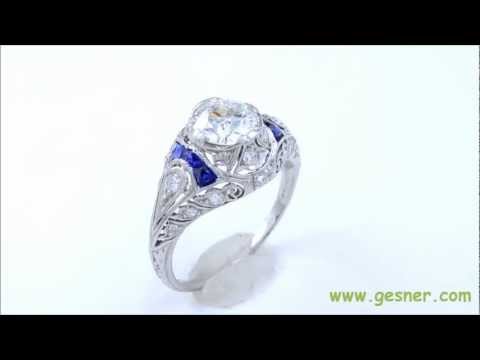 1.15 ct. Antique Platinum, Diamond & Sapphire Art Deco Engagement Ring- J32536